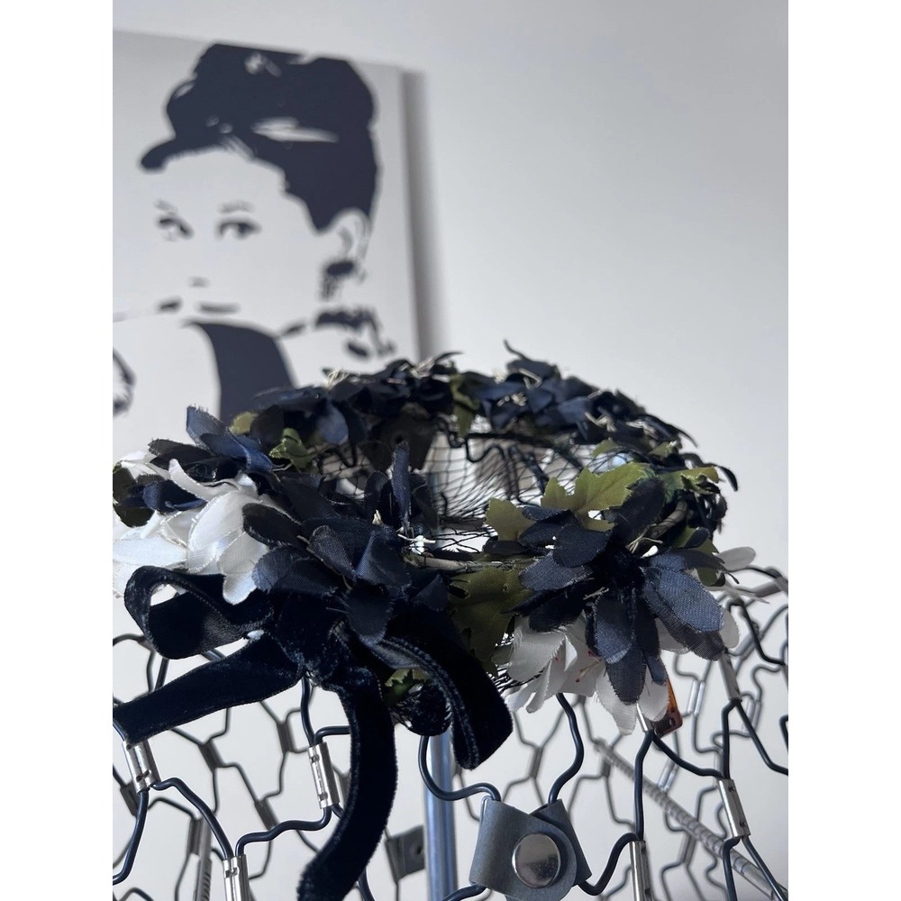Vintage Ethel Atkins Floral Halo Hat Black White Silk‎ Flowers Velvet Bow Net